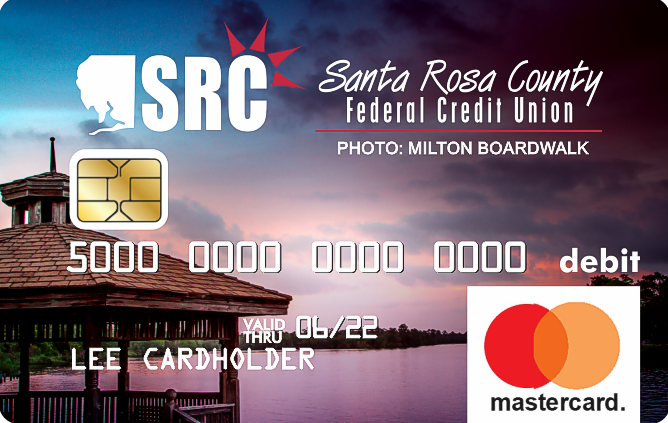 debit card with photo of gazebo on the water at sunset